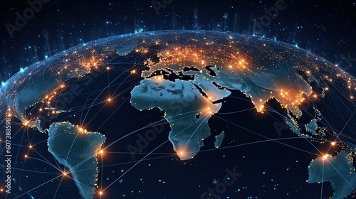 Planet Earth half night and half day with city lights and clouds in space with stars. Generative AI