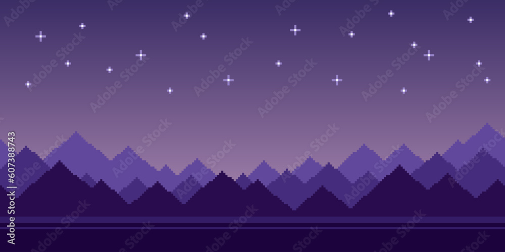 Colorful simple vector pixel art seamless endless horizontal illustration of silhouettes of sharp mountains under the starry sky in retro platformer style. Arcade screen for game design
