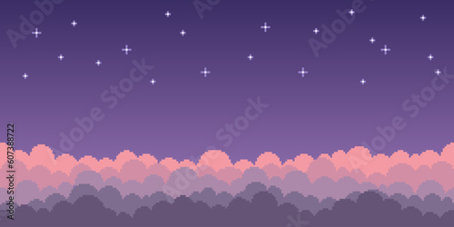 Colorful simple vector pixel art seamless endless horizontal illustration of curly clouds in the starry sky in retro platformer style. Arcade screen for game design