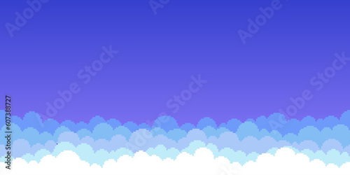 Colorful simple vector pixel art seamless endless horizontal illustration of white curly clouds in the blue sky in retro platformer style. Arcade screen for game design