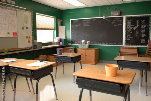 empty classroom with chalkboard, books, and writing utensils ready for the next class, created with generative ai