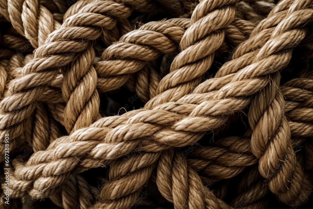 close-up of rope with intricate knots and braids, created with generative ai