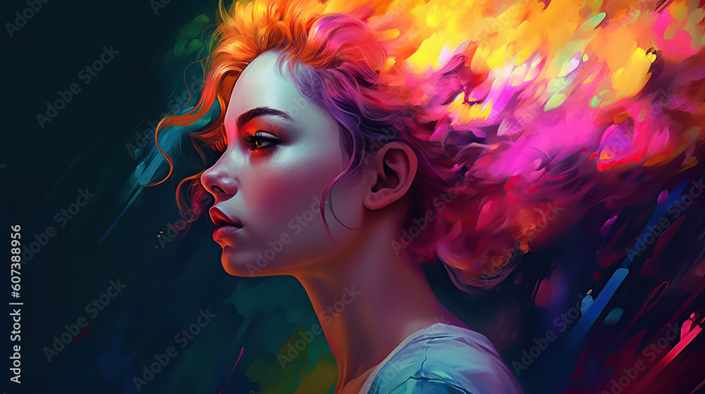 Fototapeta premium Portrait of young woman with colorful hair, fashion ai illustration