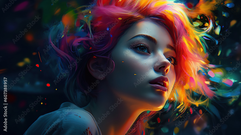 Portrait of young woman  with colorful hair, fashion ai illustration 