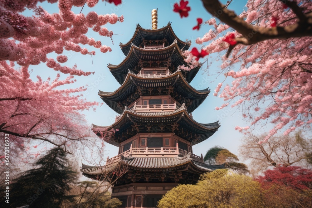 chinese pagoda surrounded by blooming cherry blossem in springtime, created with generative ai chinese pagoda surrounded by blooming cherry blossem in springtime, created with generative ai