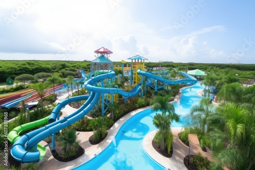 water park with series of slides and pools, surrounded by greenery, created with generative ai