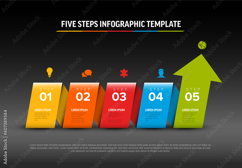Five color stripe with arrow shape folded paper steps process ...