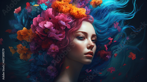 Portrait of a woman with flowers and blue hair  fashion ai illustration 