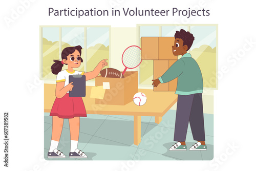 School volunteer project. Students collecting cardboard boxes