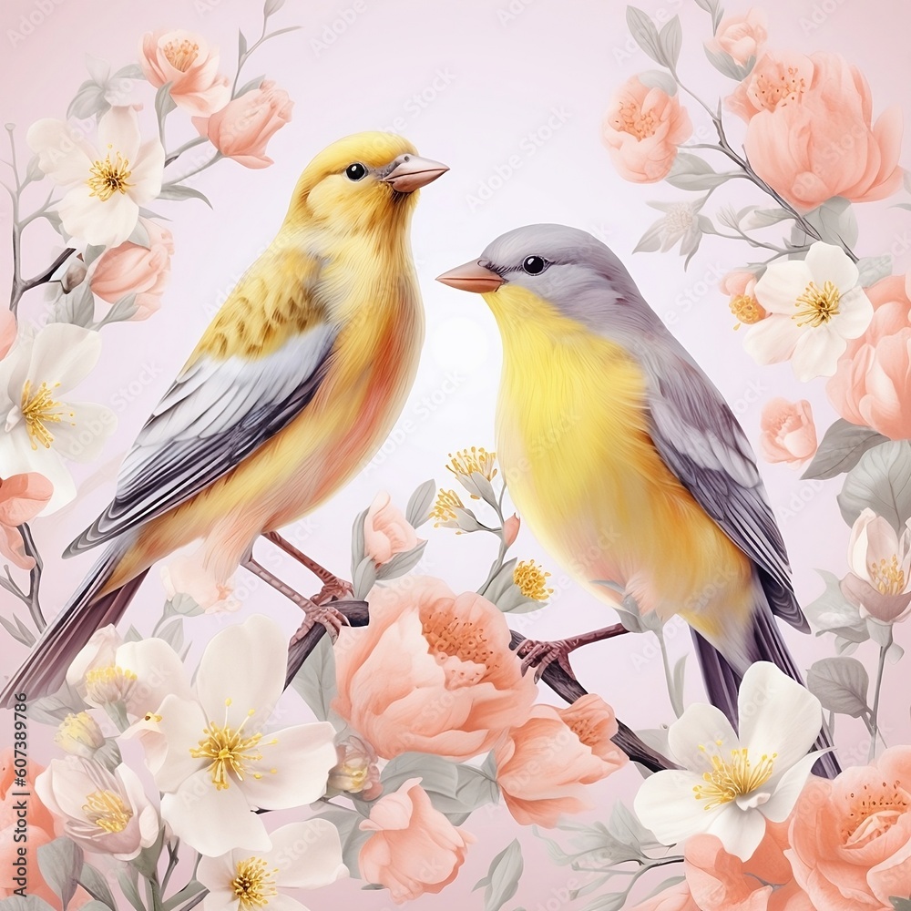 Pair of yellow birds in spring nature. Pastel color style in pink tones - Generative AI
