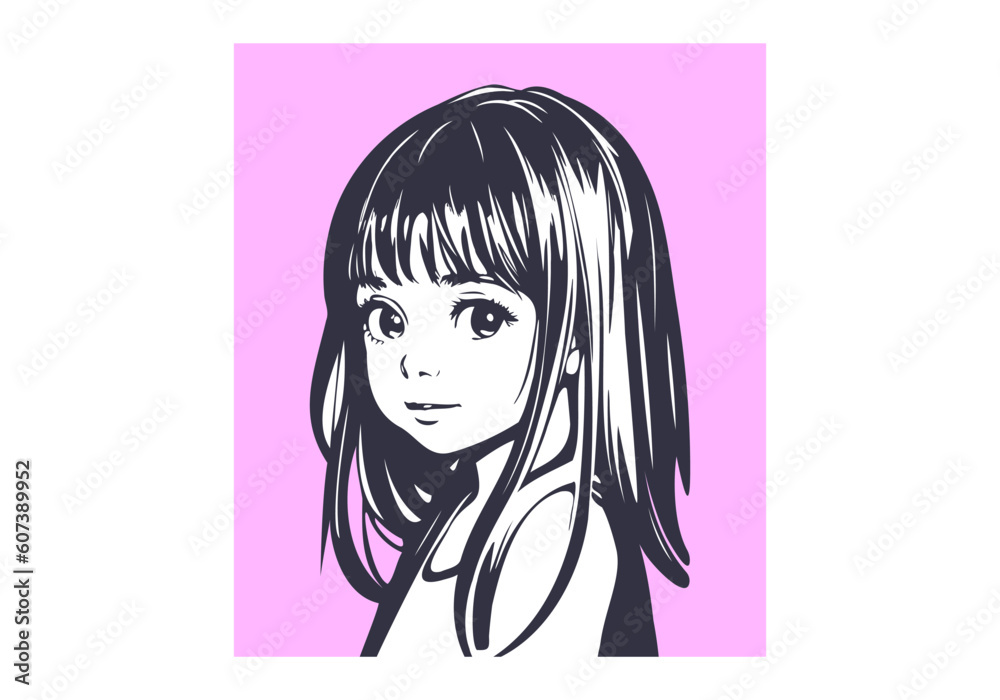 Vector portrait of a little young cute beautiful girl. Nice graphic kid. Pink rectangle. White isolated background.