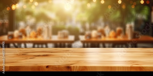 Coffee Shop. Wooden Table in Beautiful Blurred Restaurant Background © Thares2020