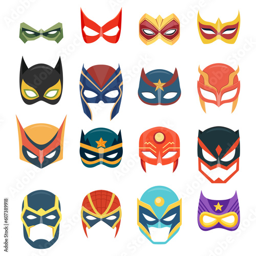 Vector Super Hero Masks Set in Flat Style. Face Character, Superhero Comic Book Mask Collection. Superhero Photo Props, Women and Men Masks, Carnival Glasses Isolated on White