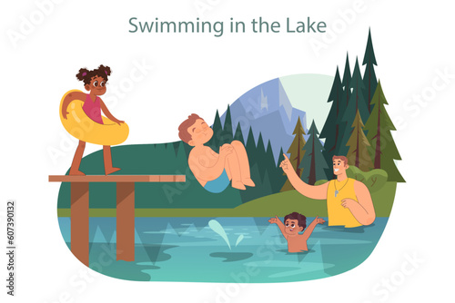 Summer camp. Happy kids swimming in a lake enjoying holidays