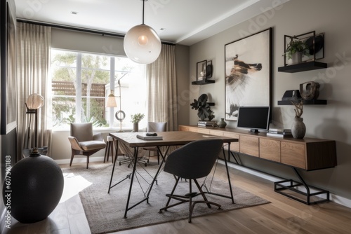 a home office with sleek, modern furnishings and carefully curated accents, created with generative ai