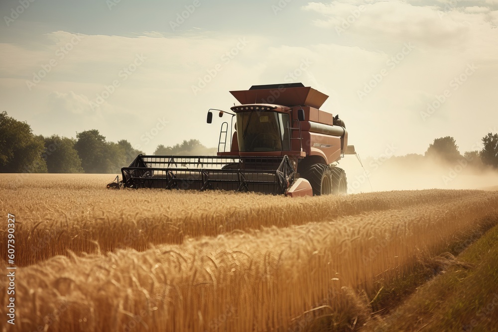 Obraz premium The combine harvester is working from generative ai