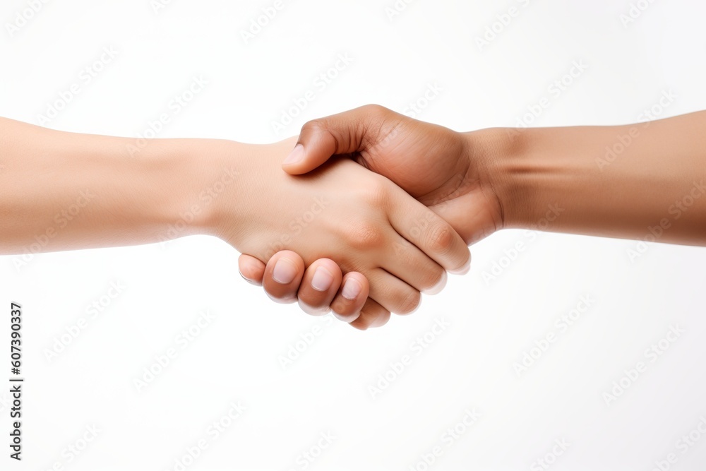 Two hands holding each other on a white background from generative ai - obrazy, fototapety, plakaty 