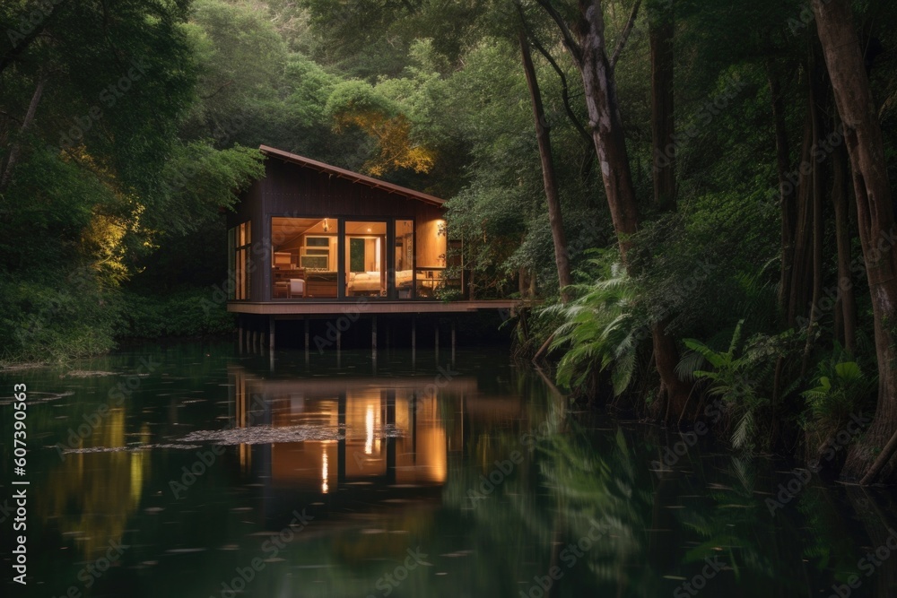 cozy eco-friendly cabin surrounded by lush greenery and tranquil waters, created with generative ai