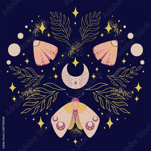Magical pattern of butterflies night moths and twigs, crescent, stars and fairy dust on dark background. Vector symmetric celestial boho print
