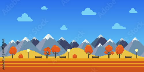 Fototapeta Naklejka Na Ścianę i Meble -  Colorful simple cartoon vector pixel art seamless endless horizontal illustration of autumn park with view of the snowy peaks of the mountains in retro platformer style. Arcade screen for game design