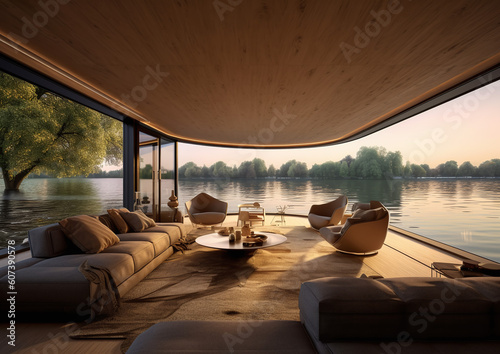Luxury Interior Sitting Room with Stunning Lake View. Generative ai