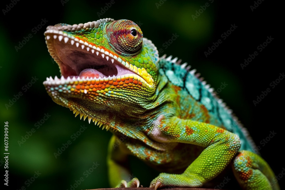 Generative AI.
a green chameleon that opens its mouth