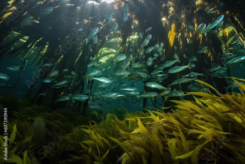 school of fish swimming through kelp forest, their movements causing subtle ripples, created with generative ai