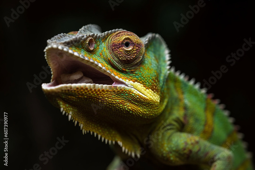 Generative AI. a green chameleon that opens its mouth