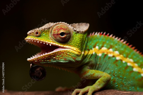 Generative AI. a green chameleon that opens its mouth