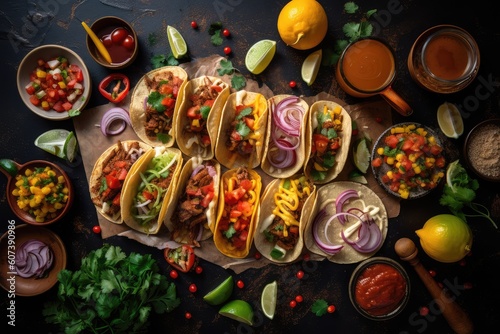 seamless delivery order of tacos with variety of salsas and garnishes, created with generative ai