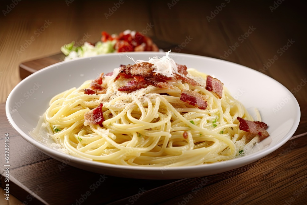 warm plate of spaghetti carbonara topped with crispy bacon, created with generative ai warm plate of spaghetti carbonara topped with crispy bacon, created with generative ai