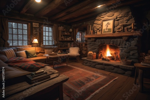 cozy cabin retreat with roaring fireplace and warm blankets for cozy night in, created with generative ai