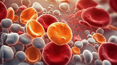Leukemia blood cells under a Color scanning electron micrograph. Generative AI