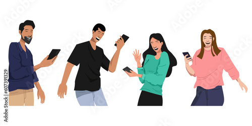 set of young group of people laughing using mobile phone.