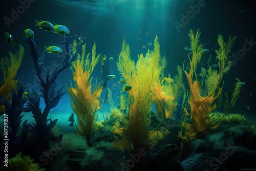 neon plant in underwater environment, with schools of fish swimming by, created with generative ai