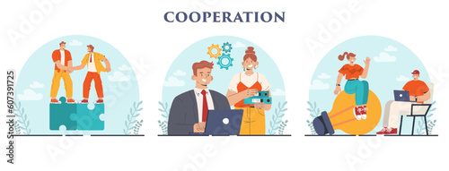 Cooperation concept set. Collaboration and teamwork. Office characters