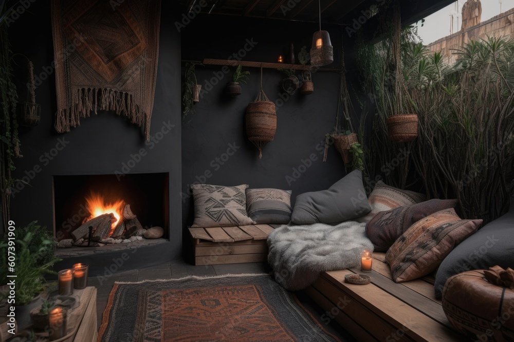 outdoor fireplace surrounded by cozy pillows and blankets for a relaxing getaway, created with generative ai