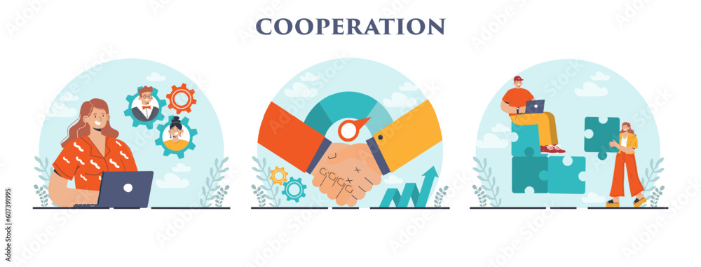 Cooperation concept set. Collaboration and teamwork. Office characters