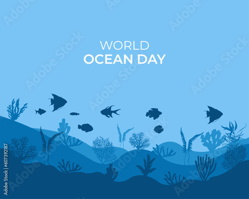 Photography World oceans day design with underwater ocean, shark, coral, sea plants, stingray and turtle