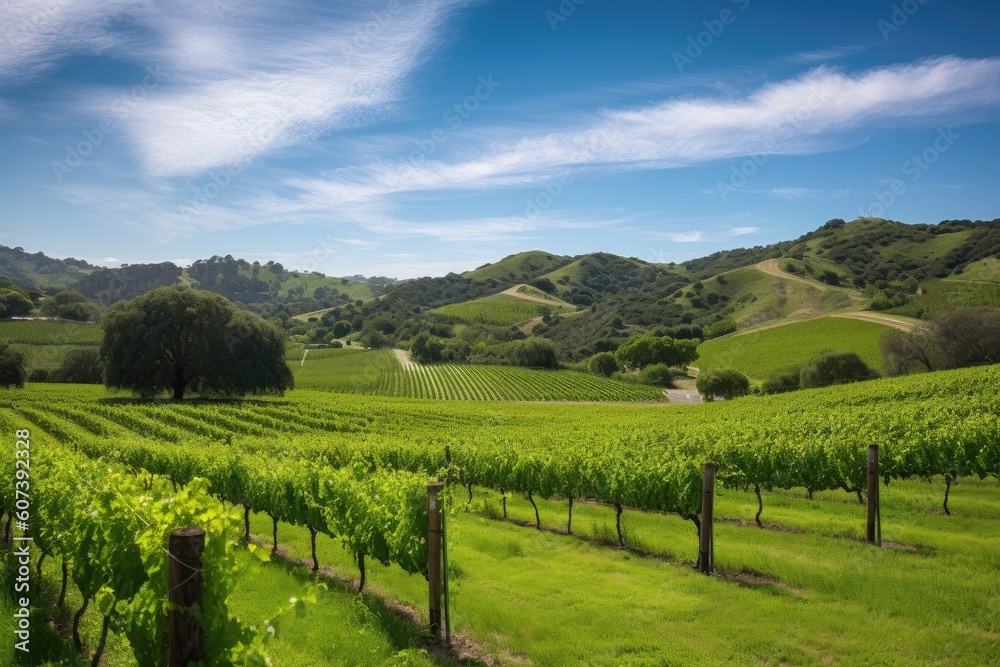 lush green vineyard with rolling hills and blue skies, created with generative ai
