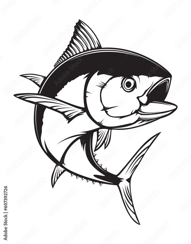 Obraz premium Tuna fishing logo vector illustration. Tuna fishing emblem isolated. Ocean fish logo. Saltwater fishing theme.