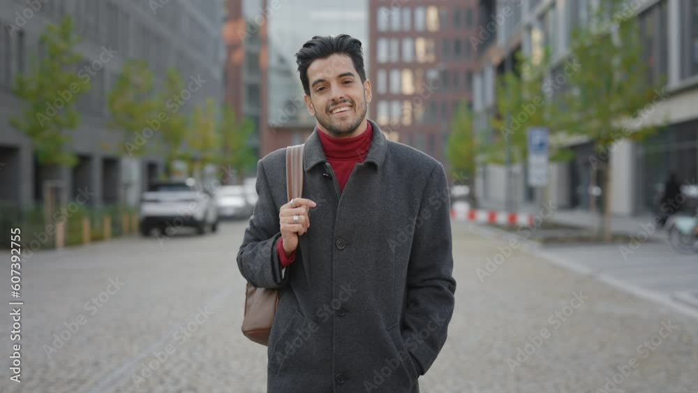 Portrait of the smiled handsome multi ethnic student standing in the middle of the street, carrying a bag. Male multi raced teacher looking at the camera on the university background. Portrait of the smiled handsome multi ethnic student standing in the middle of the street, carrying a bag. Male multi raced teacher looking at the camera on the university background.