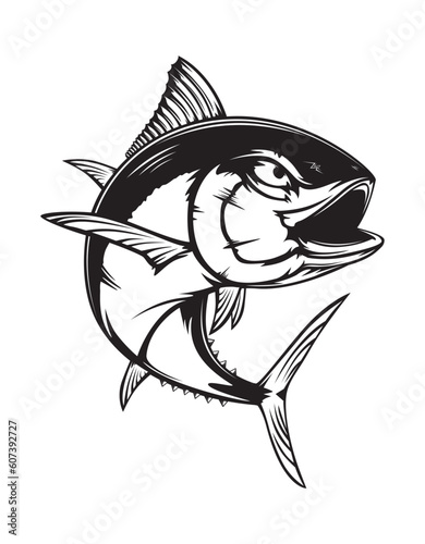 Tuna fishing logo vector  illustration. Tuna fishing emblem isolated. Ocean fish logo. Saltwater fishing theme.
