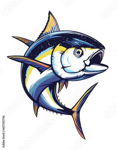 Tuna fishing logo vector  illustration. Tuna fishing emblem isolated. Ocean fish logo. Saltwater fishing theme.