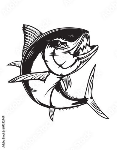 Tuna fishing logo vector  illustration. Tuna fishing emblem isolated. Ocean fish logo. Saltwater fishing theme.