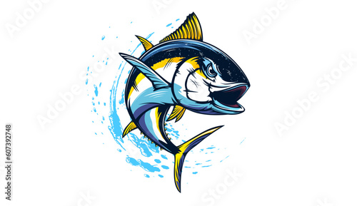 Tuna fishing logo vector  illustration. Tuna fishing emblem isolated. Ocean fish logo. Saltwater fishing theme.
