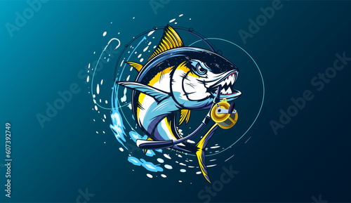 Tuna fishing logo vector  illustration. Tuna fishing emblem isolated. Ocean fish logo. Saltwater fishing theme.