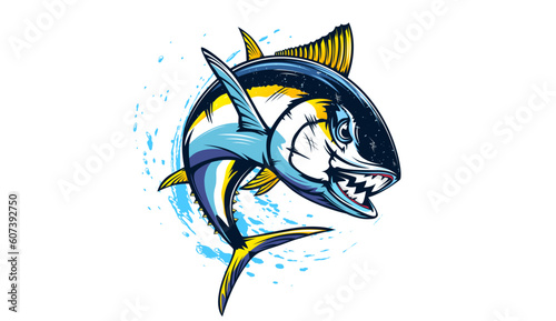 Tuna fishing logo vector  illustration. Tuna fishing emblem isolated. Ocean fish logo. Saltwater fishing theme.