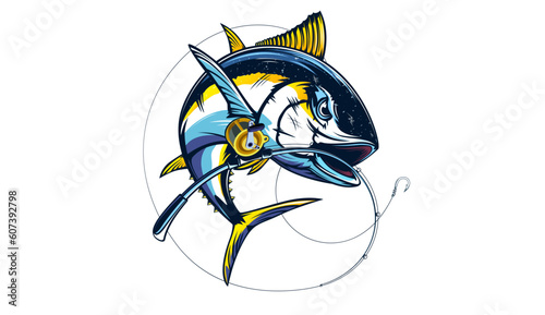 Tuna fishing logo vector  illustration. Tuna fishing emblem isolated. Ocean fish logo. Saltwater fishing theme.