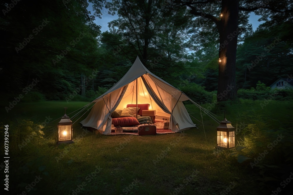 tent with lantern and book in the evening, surrounded by trees, created with generative ai